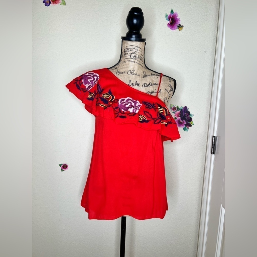 Entro Red with Floral Embroidered One Shoulder Blouse Pullover Ruffle Size S